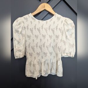 Express:Soft Cream, Subtle Gray Floral Print, Puff Sleeves, Smocking, Peplum Hem